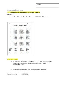 Preview of A Fun Wordsearch on DANCE and an associated extension activity
