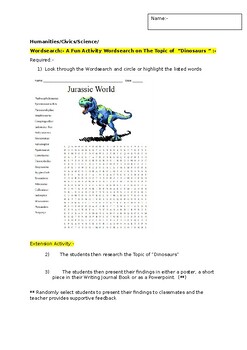 Preview of A Fun Wordsearch on "DINOSAURS" and an associated extension activity