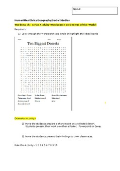 Preview of A Fun Wordsearch on Deserts of the World and an associated extension task