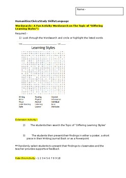 Preview of A Fun Wordsearch on Differing Learning Styles and an extension task