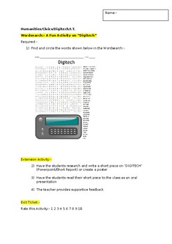 Preview of A Fun Wordsearch on "Digitech" and an associated extension activity