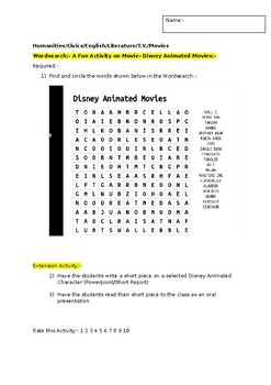Preview of A Fun Wordsearch on Disney Animated Movies and an extension activity