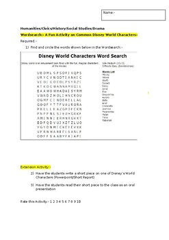 Preview of A Fun Wordsearch on Disney World Characters and an associated extension task