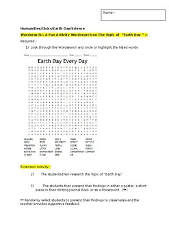 Preview of A Fun Wordsearch on "Earth Day" and an associated extension activity