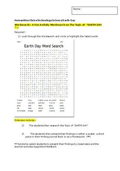 Preview of A Fun Wordsearch on "Earth Day" and an associated extension task