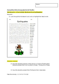 Preview of A Fun Wordsearch on Earthquakes and an associated extension activity