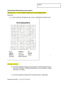 Preview of A Fun Wordsearch on Economic Indicator Unemployment and an extension task