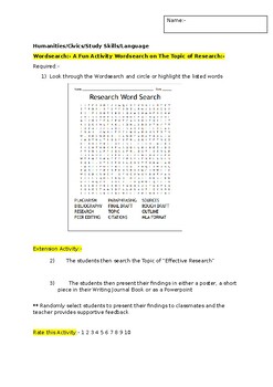 Preview of A Fun Wordsearch on "Effective Research" and an associated extension activity