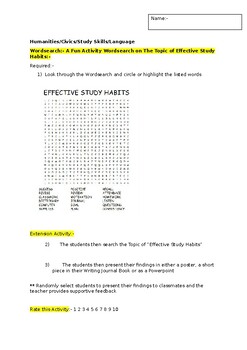 Preview of A Fun Wordsearch on Effective Study Habits and an extension activity