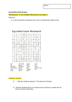 Preview of A Fun Wordsearch on "Egg Cellent Easter" and an associated extension task