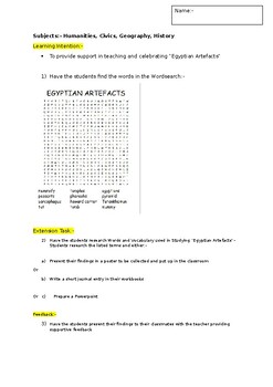 Preview of A Fun Wordsearch on Egyptian Artefacts and an associated extension activity
