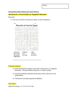 Preview of A Fun Wordsearch on "Egyptian Pharaohs" and an associated extension activity