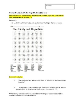 Preview of A Fun Wordsearch on Electricity and Magnetism and an associated extension task