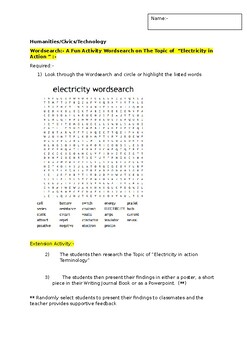 Preview of A Fun Wordsearch on "Electricity" and an associated extension task