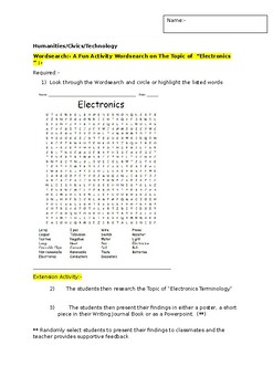 Preview of A Fun Wordsearch on Electronics and an associated extension task
