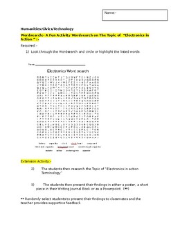 Preview of A Fun Wordsearch on "Electronics in action terminology" and an extension task