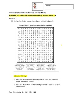 Preview of A Fun Wordsearch on Elvis Presley and an associated extension actitivy