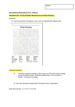 Preview of A Fun Wordsearch on Elvis Presley and an associated extension activity