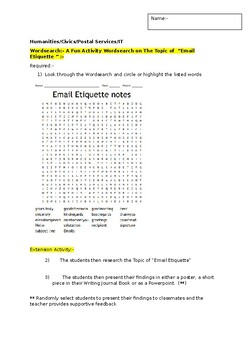 Preview of A Fun Wordsearch on Email Etiquette and an associated extension activity