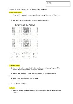 Preview of A Fun Wordsearch on Empires of The World and an associated extension task