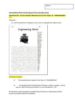 Preview of A Fun Wordsearch on Engineering and an associated extension task