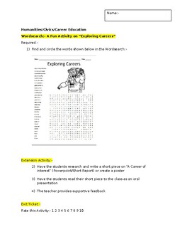 Preview of A Fun Wordsearch on "Exploring Careers" and an associated extension activity