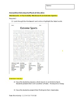Preview of A Fun Wordsearch on Extreme Sports and an associated extension activity