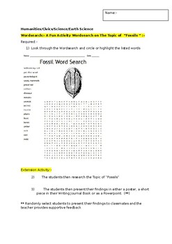 Preview of A Fun Wordsearch on "FOSSILS" and an associated extension activity