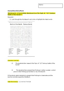 Preview of A Fun Wordsearch on Famous Bands (Battle of the Bands) and an extension task