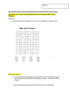 Preview of A Fun Wordsearch on Famous Male Tennis Players and an extension task