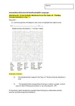 Preview of A Fun Wordsearch on "Finding Friends for Valentine's Day" and an extension task