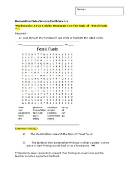 Preview of A Fun Wordsearch on "Fossil Fuels" and an associated extension task