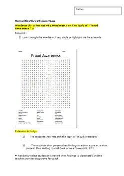 Preview of A Fun Wordsearch on "Fraud Awareness" and an associated extension task