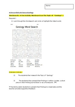 Preview of A Fun Wordsearch on "Geology" and an associated extension task