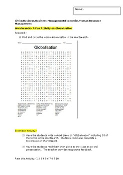Preview of A Fun Wordsearch on "Globalisation" and an associated extension activity