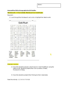 Preview of A Fun Wordsearch on Gold Rush Fever and an associated extension activity