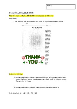 Preview of A Fun Wordsearch on Gratitude and an extension activity