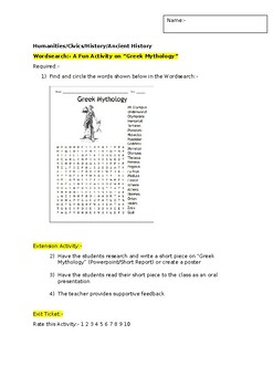 Preview of A Fun Wordsearch on "Greek Mythology" and an associated extension task