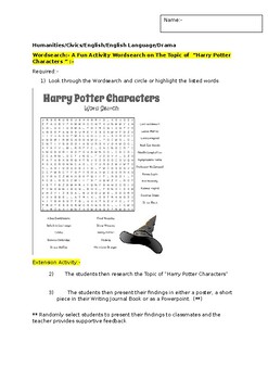 Preview of A Fun Wordsearch on "Harry Potter Characters" and an extension task
