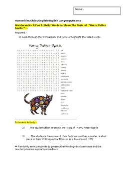 Preview of A Fun Wordsearch on "Harry Potter" spells and an associated extension task