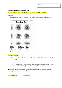 Preview of A Fun Wordsearch on Healthy Diets and an associated extension activity