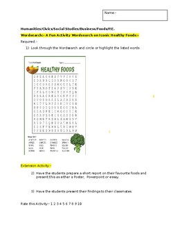 Preview of A Fun Wordsearch on Healthy Foods and an associated extension task