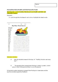 Preview of A Fun Wordsearch on Healthy Foods and an associated extension task