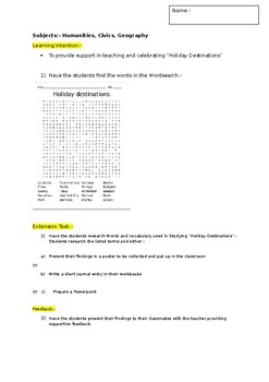 Preview of A Fun Wordsearch on Holiday Destinations and an associated extension activity