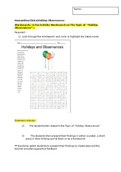 Preview of A Fun Wordsearch on Holidays and Observances (including an extension task)