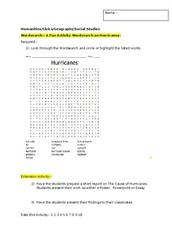 Preview of A Fun Wordsearch on Hurricanes and an associated extension activity