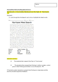 Preview of A Fun Wordsearch on "Hurricanes" and an associated extension activity