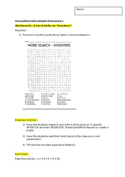 Preview of A Fun Wordsearch on "INVENTORS" and an associated extension activity