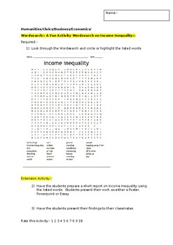 Preview of A Fun Wordsearch on Income Inequality and an associated extension task