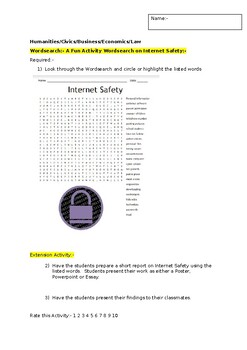 Preview of A Fun Wordsearch on Internet Safety and an associated extension activity